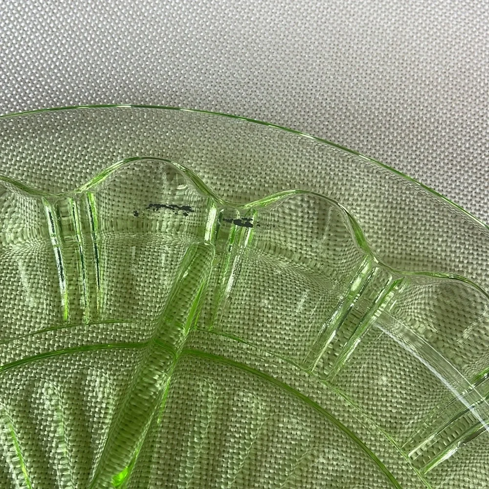 Pair Vintage uranium glowing Glass 3 section Plates 10”
